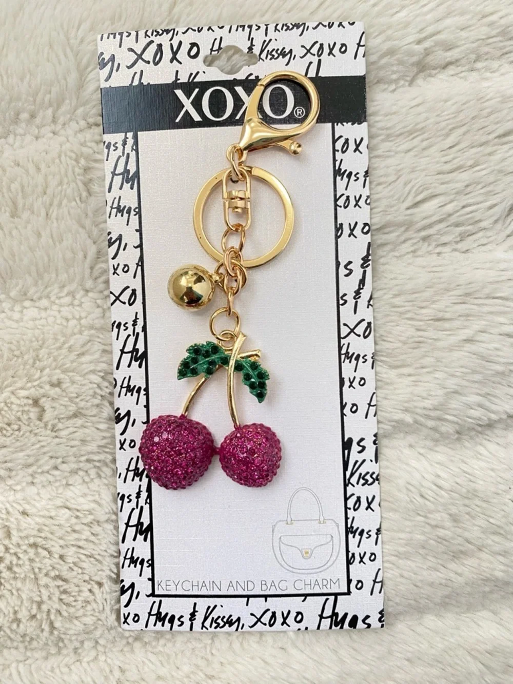 XOXO Cherry Crystal Gold Pink & Green Keychain Bag Purse Charm